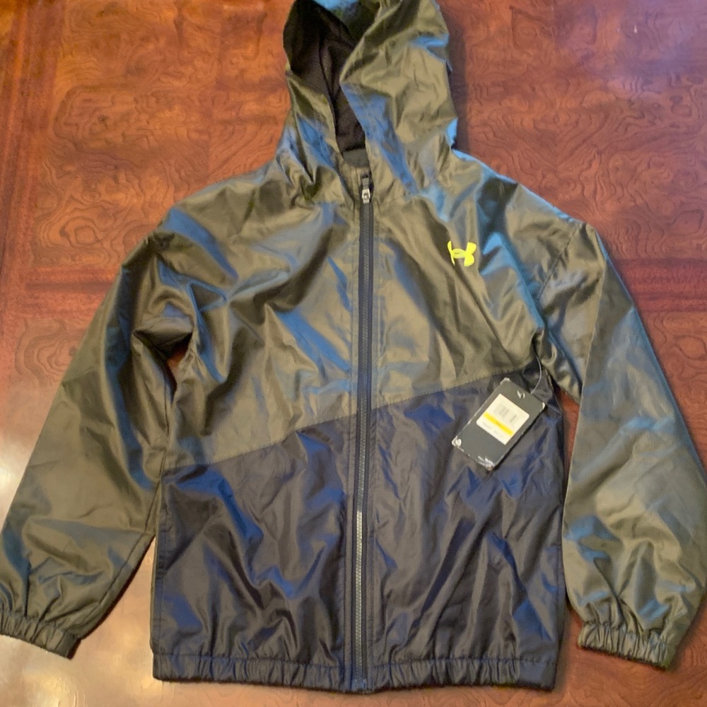 Under Armour Boys' Two-Tone Black Hooded Rain Jacket with Yellow Logo